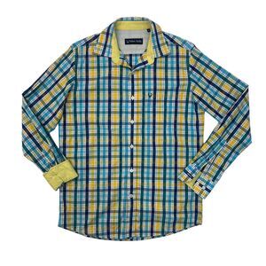 Allen Solly Shirt Men M Medium Blue Yellow Plaid Flip Cuff Long Sleeve Button Up